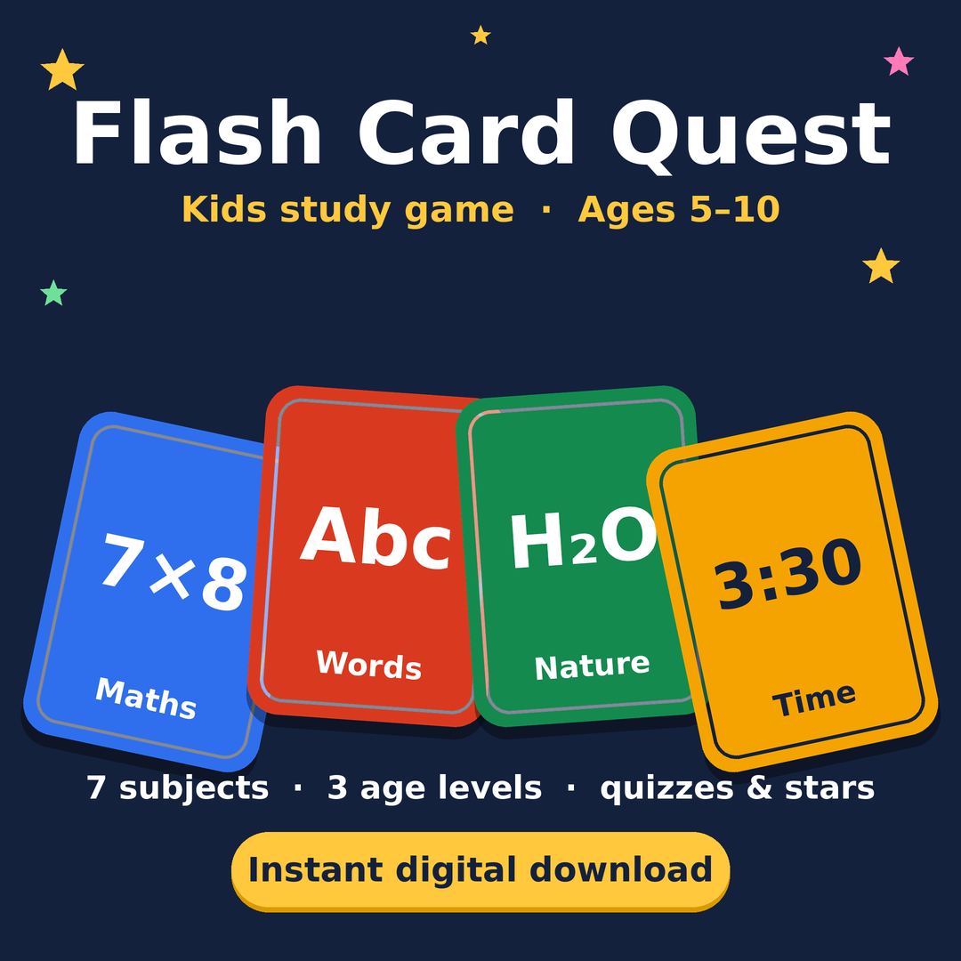 Flash Card Quest – Kids Study Game | Instant Digital Download (Ages 5–10)
